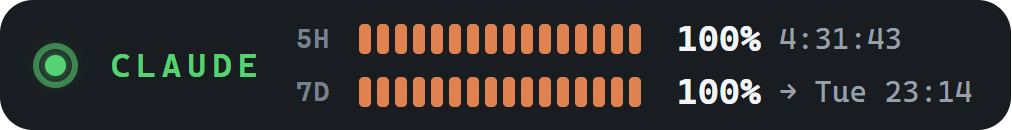 The TokenHub mini-bar showing 5h and 7d limit bars